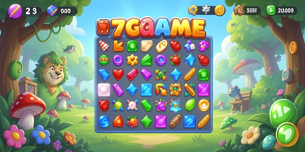 Screenshot menunjukkan gameplay seru dari 7GAME dengan kombinasi item Match-3.