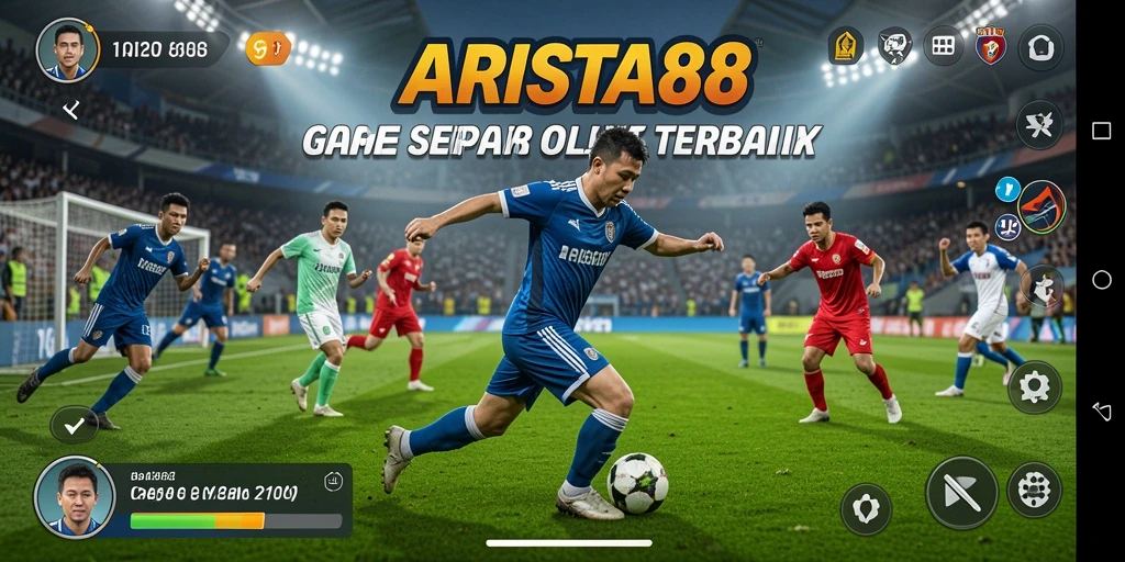 Screenshot dari gameplay ARISTA88 yang menampilkan aksi sepak bola yang mendebarkan.