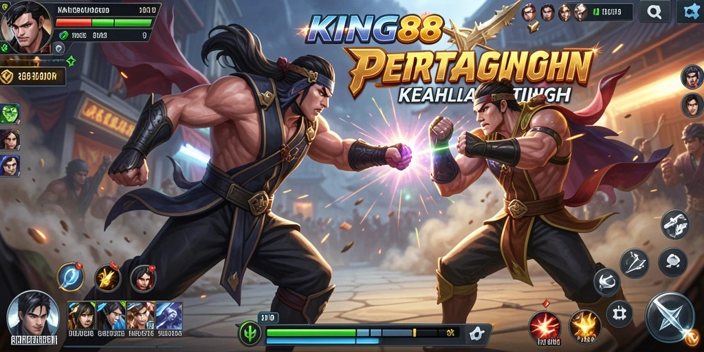 Tampilkan gameplay KING88 dengan karakter bertarung yang dinamis.